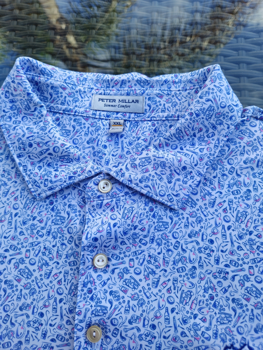 Peter Millar Del Mar Thoroughbred Club Polo Shirt Blue Print XXL NWOT